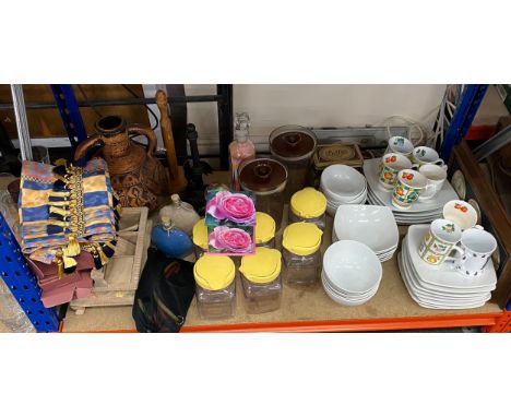 Large shelf of miscellaneous to include M&amp;S dinner service, storage jars etc 