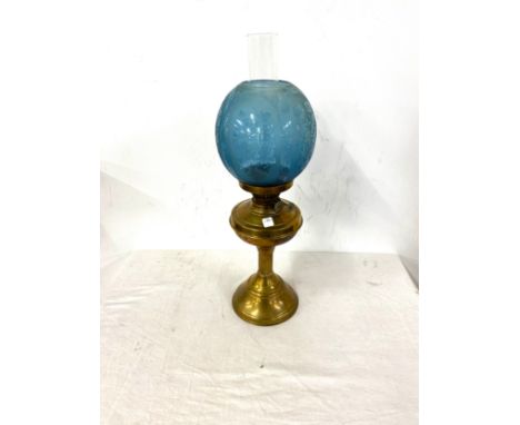Vintage brass oil lamp with funnel and shade Tiny chip to the rim of the shade  