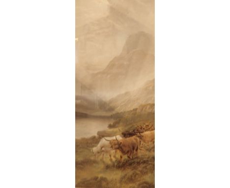 Oak framed landscape print and Chinese glass painting of a Geisha and print of cattle in landscape
