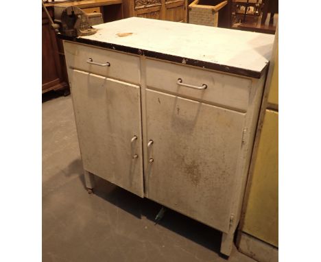 Vintage enamel top kitchen cupboard with vice L: 87 cm