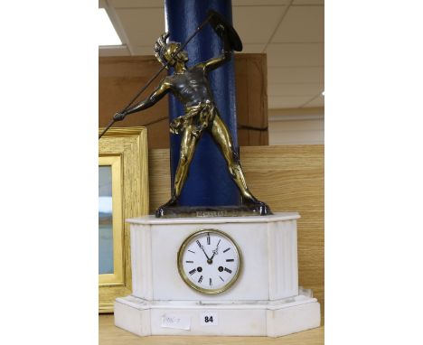 A French alabaster mantel clock with mounted model of Achilles 57cm high
