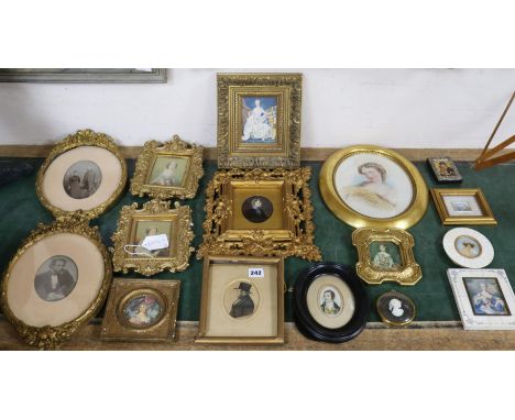 A collection of 19th century and later portrait miniatures, together with photographs and prints, largest 24 x 18.5c, (15)