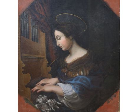 After Carlo Dulci St. Cecilia, oil on canvas laid on board, Angel playing a misericord, 96 x 80cm, unframed
