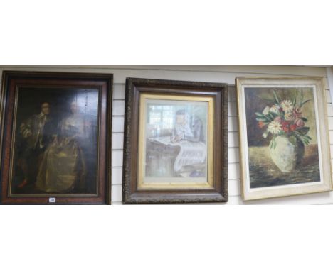 19th century English School, oil on panel, Portrait of a 17th century lady and gentleman, 61 x 47cm and 4 other pictures