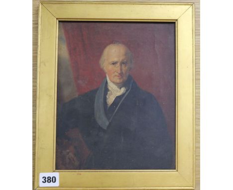 19th century English School, oil on canvas, Portrait of a gentleman, Aitken Dott &amp; Son label verso, 24 x 20cm