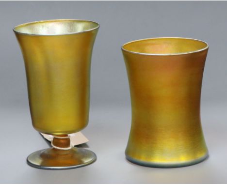Two Tiffany favrille iridescent glass cups, engraved mark 'L C Tiffany favrille' Tallest 12cm
