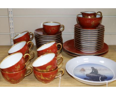 A Royal Copenhagen 'Langelinie' plate and a B &amp; Co Limoges part teaset retailed by Mortlocks Ltd