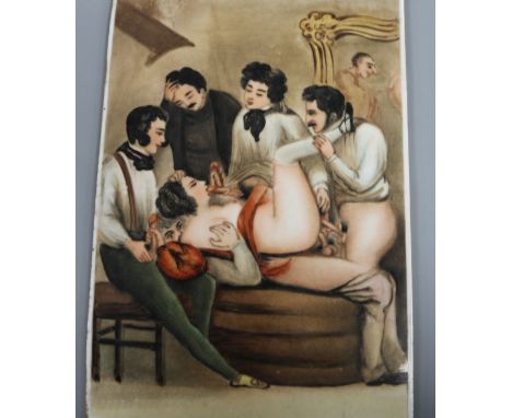 A Victorian gentleman in an erotic orgy scene, period scene on a ceramic tile 30 x 20cm