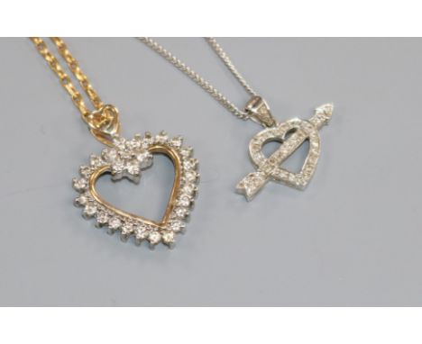 A 9ct white gold and diamond arrow and heart pendant on 9ct white gold chain and a 9ct gold and diamond heart pendant on a 9c