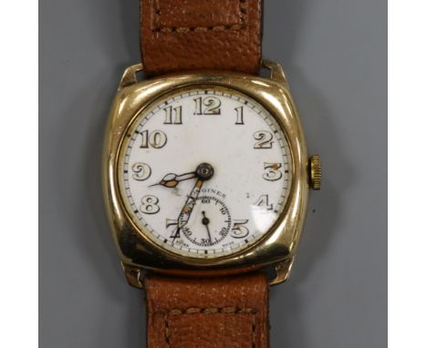 A gentleman's 1940's 9ct gold Longines manual wind wrist watch, on associated leather strap.