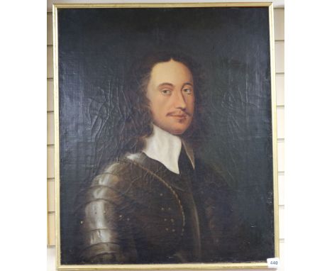 19th century English School, oil on canvas, Portrait of a 17th century gentleman wearing armour, 76 x 63cm