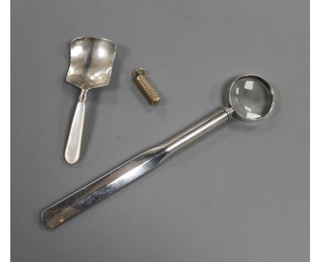 A George IV silver caddy spoon, Birmingham, 1832, (a.f.), a Sampson Mordan 9ct. propelling pencil and a silver Samson &amp; M