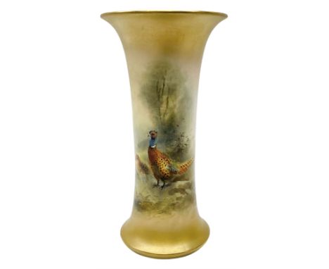 Early 20th century Royal Worcester vase decorated by Jas Stinton, of waisted cylindrical form, hand painted with pheasants in