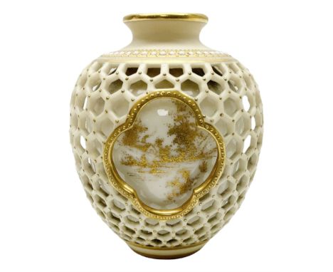 Late 19th century Royal Worcester reticulated double walled vase by George Owen, of ovoid form the openwork outer wall with h