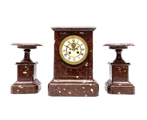 Late 19th century French mantle clock with conforming Tazzas, rectangular flat-topped case in white flecked rouge marble with