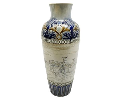 Late 19th century Doulton Lambeth sgraffito vase decorated by Hannah Barlow, of ovoid gently tapering form with short neck, d