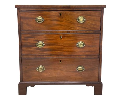 George III mahogany chest, rectangular top with band and satinwood stringing, fitted with three graduating drawers, pressed b