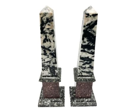 Pair of 19th century Grand Tour marble, granite and porphyry obelisks, each of tapering form upon square plinth and stepped b