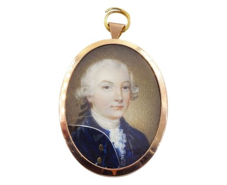 English School (Circa 1790)Portrait miniature upon ivoryHead and shoulder portrait of gentleman in curled grey wig, blue coat