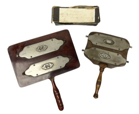 Burroughes & Watts mahogany backed billiards scoring paddle, with nickel counters impressed 'Spot' 'Plain' 'Rivoire' and 'Bre