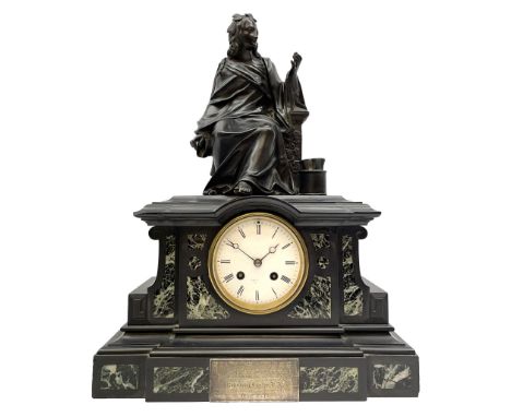 Parisian mantle clock in a Belgium slate case depicting a seated scholar in contemplation, break front case on a deep moulded