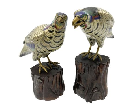 Pair of early 20th century Chinese cloisonn� falcons, the 'plumage' picked out in hues of blue, green and red, each with gilt