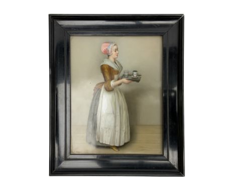 Early 19th century porcelain plaque, 'La Belle Chocolati�re' (The Chocolate Girl) after Jean-�tienne Liotard, of rectangular 