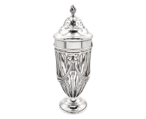 Early 20th century silver sugar caster, of open work urn form with ribbon swag detail and clear glass liner, the removable pi