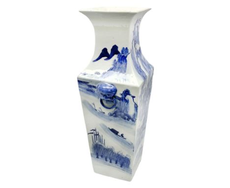 18th century Chinese blue and white vase, of square section tapering form with waisted neck and twin mask ring lug handles, d