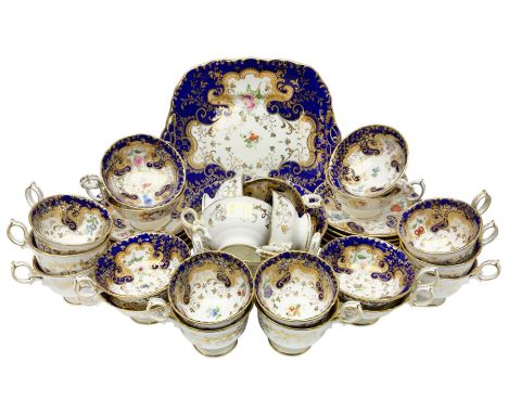 19th century porcelain part tea service, comprising twelve teacups, ten coffee cups, eleven saucers, slop bowl, and cake plat
