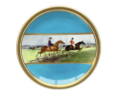 19th century Minton porcelain cabinet plate, hand painted with central equestrian band against a turquoise ground, and furthe