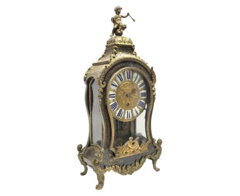 18th/19thcentury French Rococo Boulle bracket clock in the Louis XIV style, shaped case with putto pediment over a glazed doo