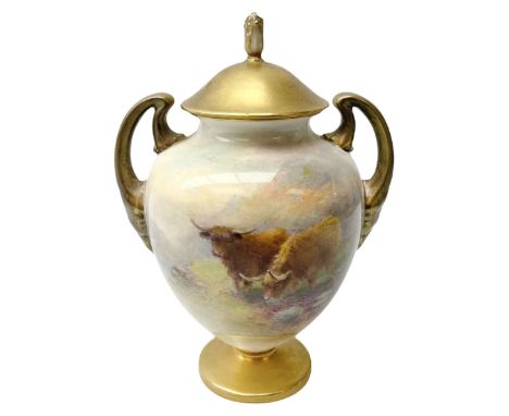 Mid 20th century Royal Worcester twin handled vase and cover decorated by Harry Stinton, the body of ovoid form hand painted 