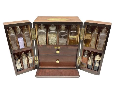 19th century mahogany travelling apothecary cabinet, with recessed brass carry handle to top, and twin deep section doors to 