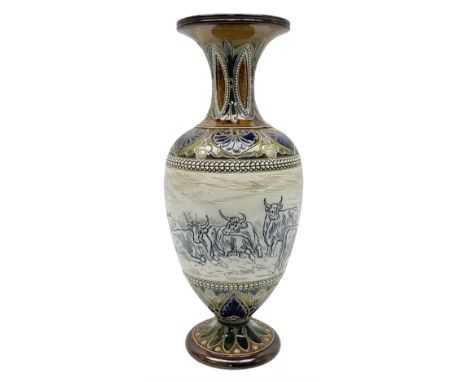 Late 19th century Doulton Lambeth sgraffito vase decorated by Hannah Barlow, of ovoid form with waisted neck and flared rim, 