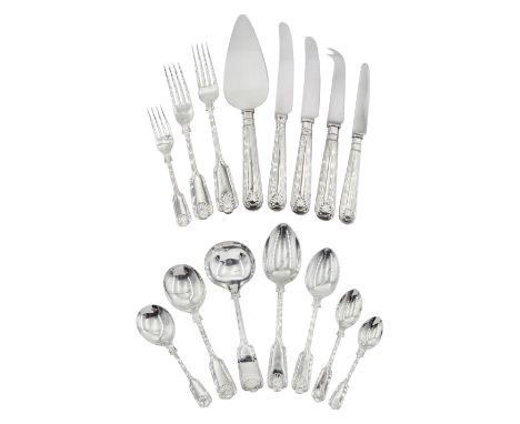 Composite set of modern silver Fiddle thread and shell pattern flatware for four place settings, comprising table knifes, sid