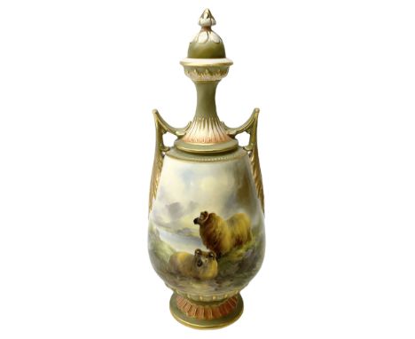 Early 20th century Royal Worcester vase decorated by Harry Davis, of ovoid form with twin acanthus mounted handles and waiste