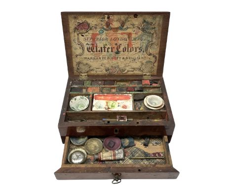 Late 19th century mahogany artists travel box, the hinged cover opening to reveal a compartmented interior containing a numbe