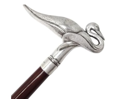 Art Deco style Italian 'Rivestito' covered silver walking stick handle, modelled in the form of a swan, stamped 'R', upon a s