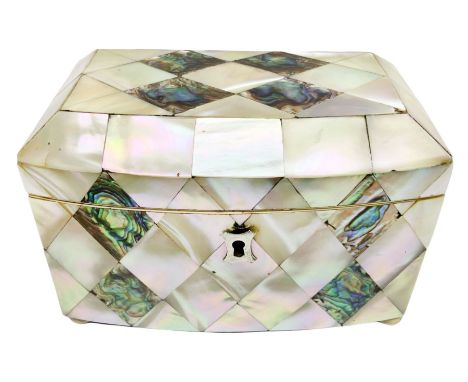 Victorian mother of pearl and abalone tea caddy, of rectangular bow fronted form upon four compressed bun feet, the hinged co