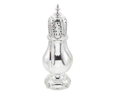 1920's silver sugar caster, of wrythen form with removable foliate pierced cover with knop finial, upon a spreading shaped fo