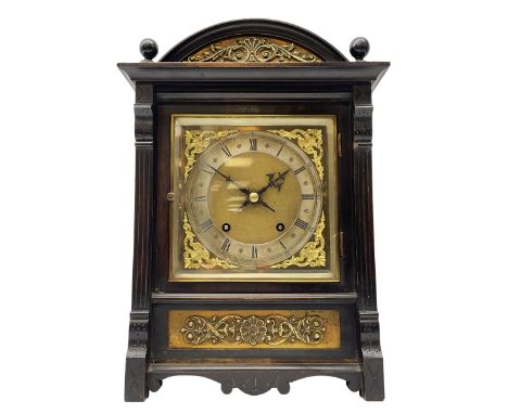 German Winterhalder and Hoffmeier quarter striking mantle clock in an ebonised arts and crafts case c1890, square brass dial 