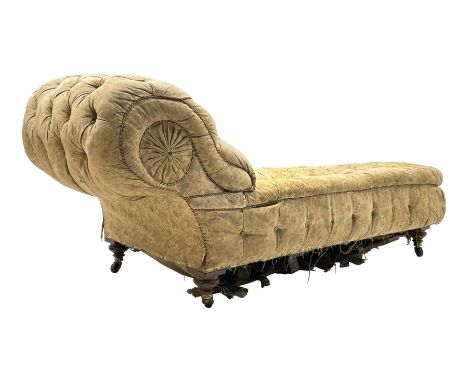Sledmere House - 19th century chaise longue, with scrolled back and all-over buttoned upholstery, compressed turned feet with