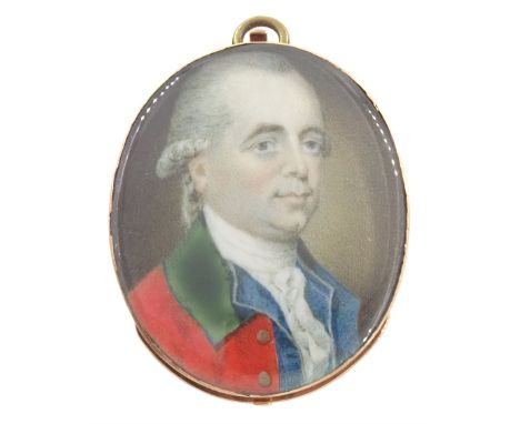 English School (Circa 1700)Portrait miniature upon ivoryHead and shoulder portrait of a gentleman in curled grey wig and red 