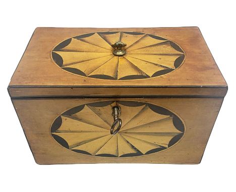 George III Sheraton style sycamore tea caddy, of rectangular form with boxwood stringing, the front and hinged cover with ebo
