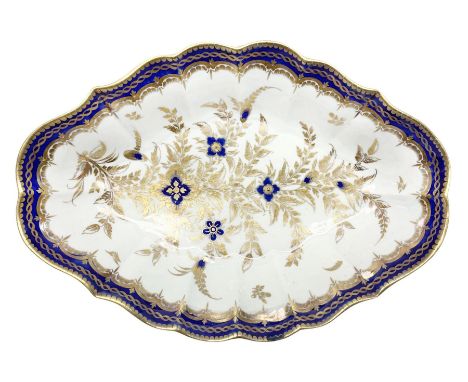 18th century Caughley dessert dish, of lozenge form hand painted with Dresden flowers type pattern, with central gilt and cob