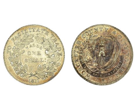 Worcestershire, Worcester, House of Industry, Shilling, 1811, arms, rev. value in wreath, edge grained, 4.08g/12h (D 1). Extr