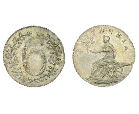 Not Local: British, Westwood’s Sixpence, 1811, value in wreath, rev. Britannia seated left on cannon, top leaf between i and 