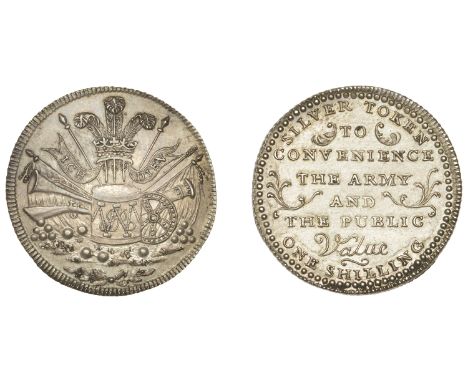 Suffolk, Ipswich, William Adams, ‘Morgan’s’ Shilling, 1811, Prince of Wales’ feathers above standards and military accoutreme