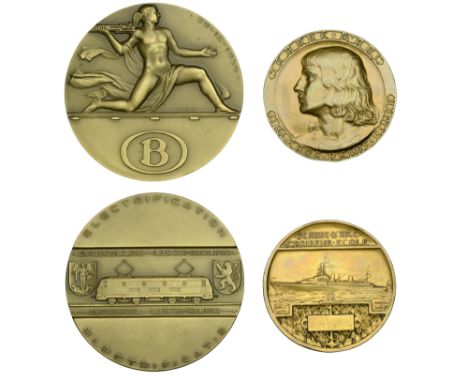 BELGIUM, Electrification of the Brussels-Luxembourg Railway, 1956, a bronze medal by M. Rau, 80mm (cf. Elsen 138, 1696); FRAN